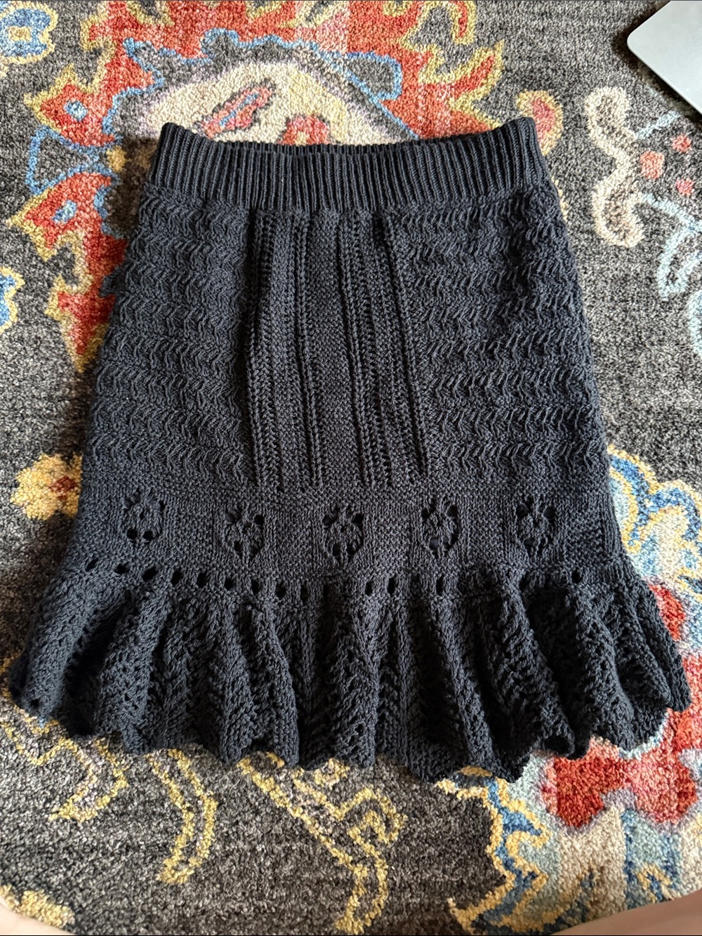 Anthropologie Black Knit Ruffle-Hem Pencil Skirt